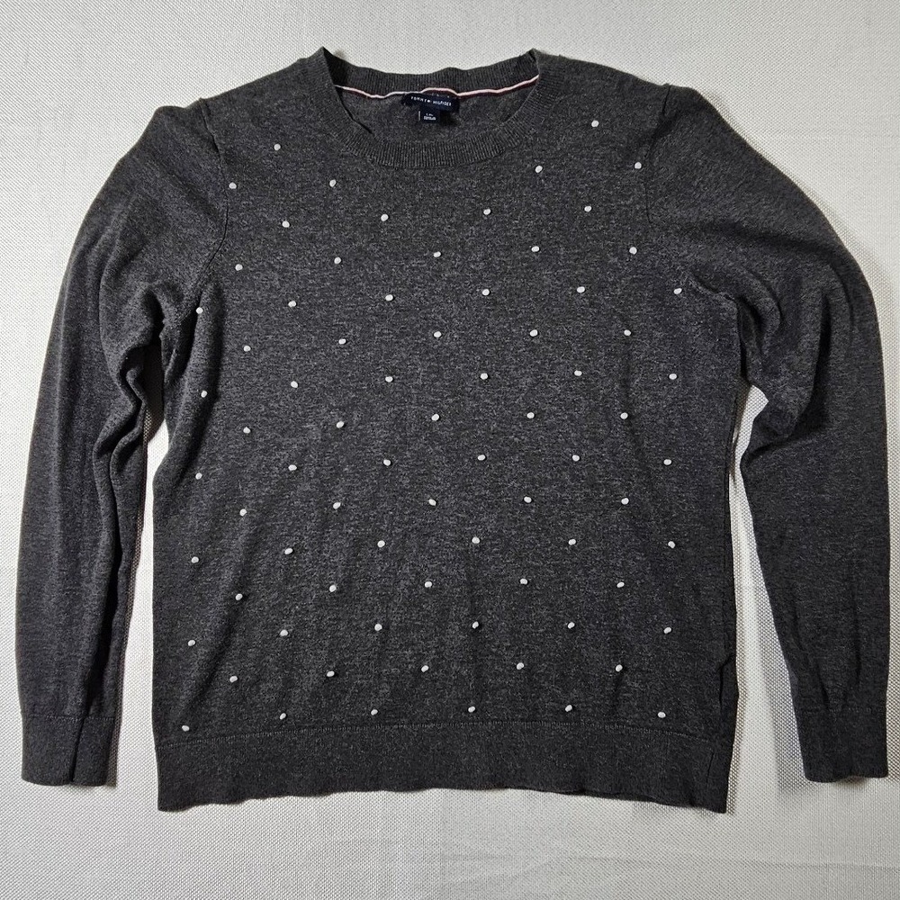 Tommy Hilfiger Womens Gray Polka Dot Cotton Crewneck Pullover Sweater‎ Size L
